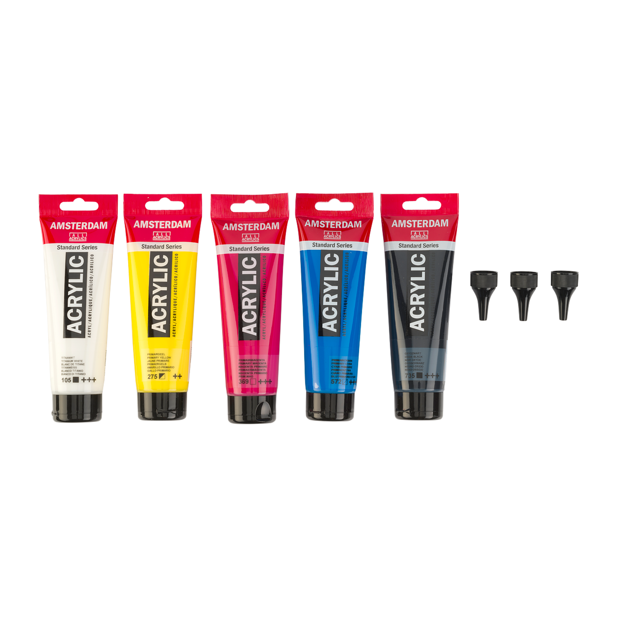 Amsterdam Akrylfärgset - Primary Set - 5 x 120 ml + 3 doseringsmunstycken