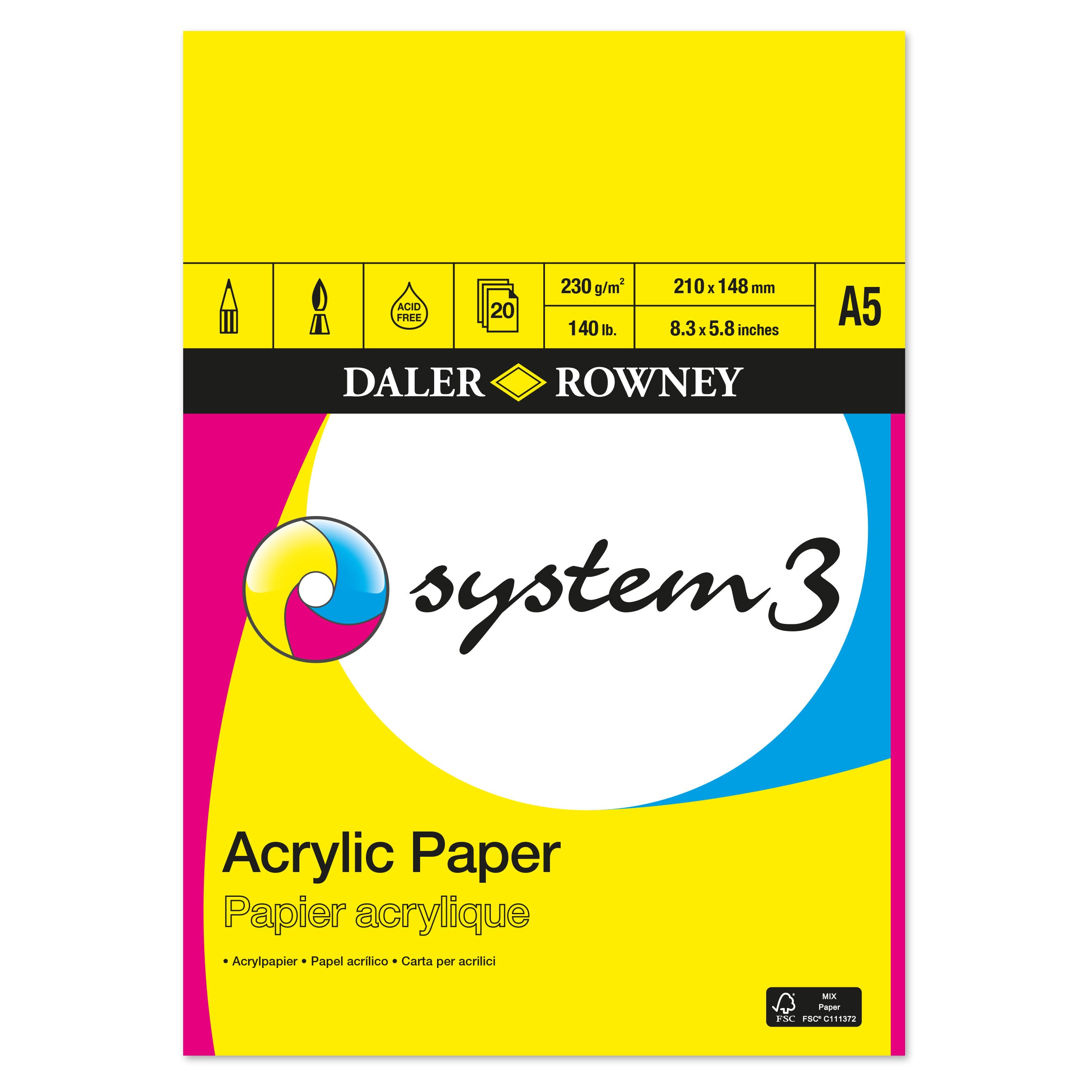 Akrylblock – System3 – Medium Gräng, 230 g, 20 ark – Daler-Rowney - A5