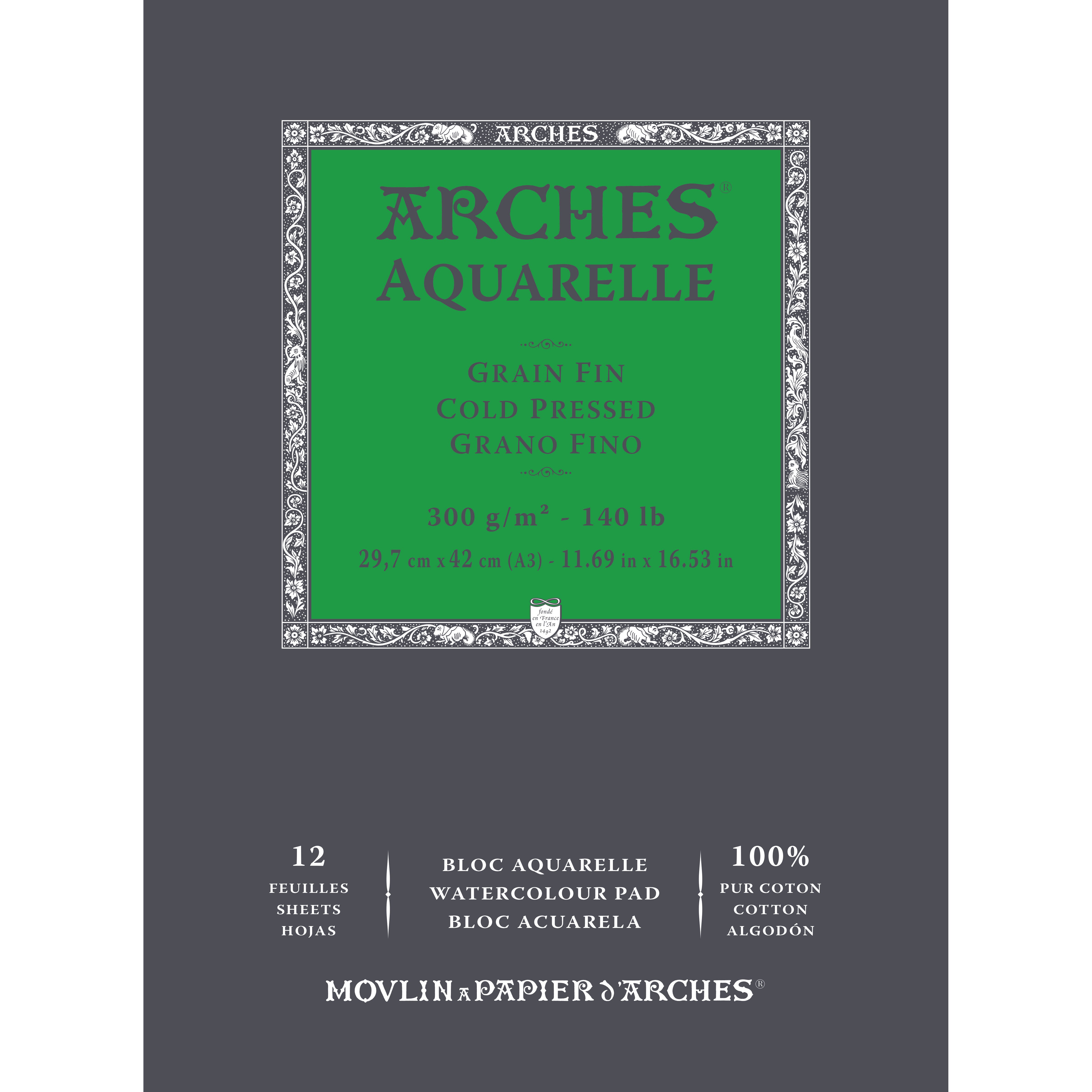 Akvarellblock – Fin (CP/Not), 300 g, 12 ark – Arches - A4