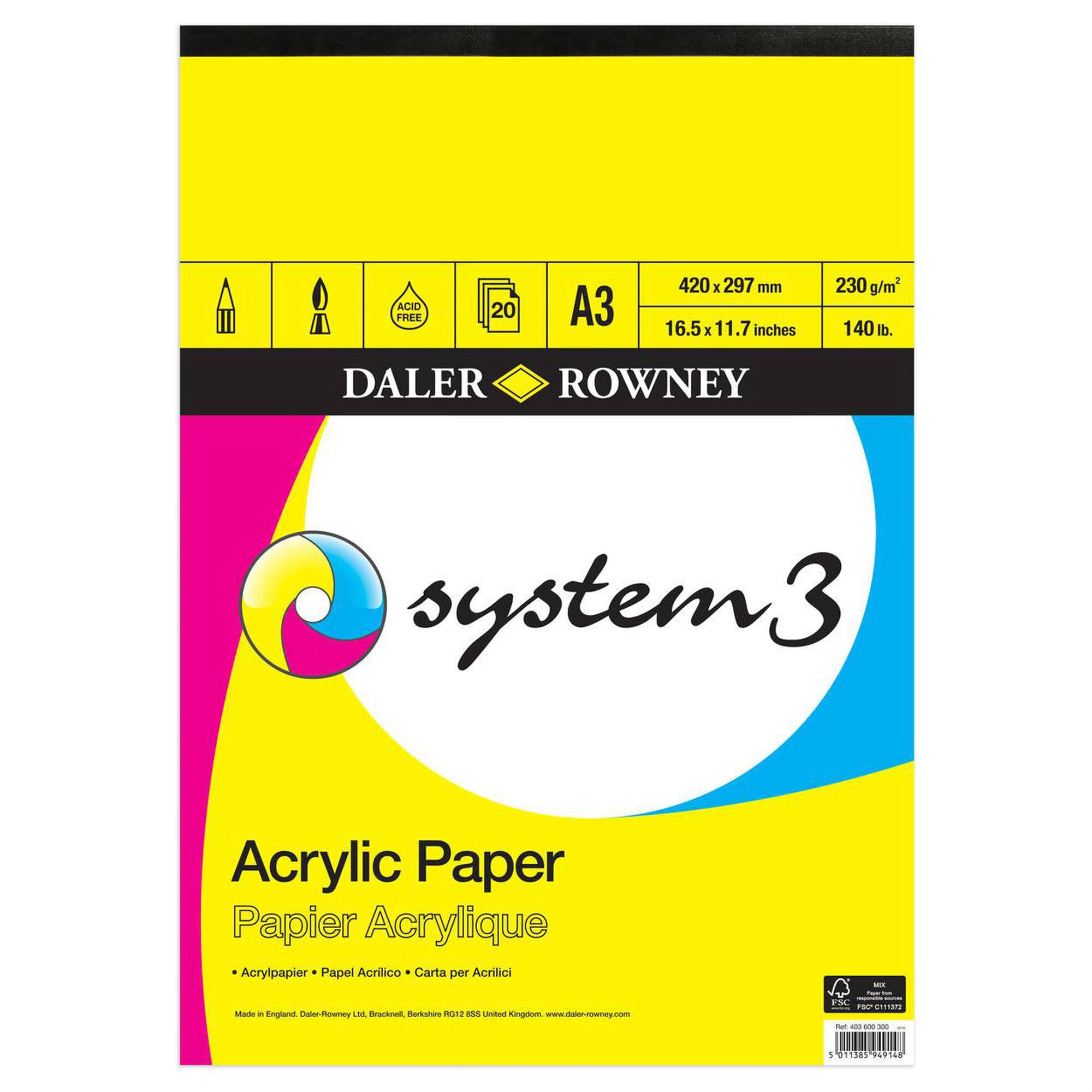 Akrylblock – System3 – Medium Gräng, 230 g, 20 ark – Daler-Rowney - A3