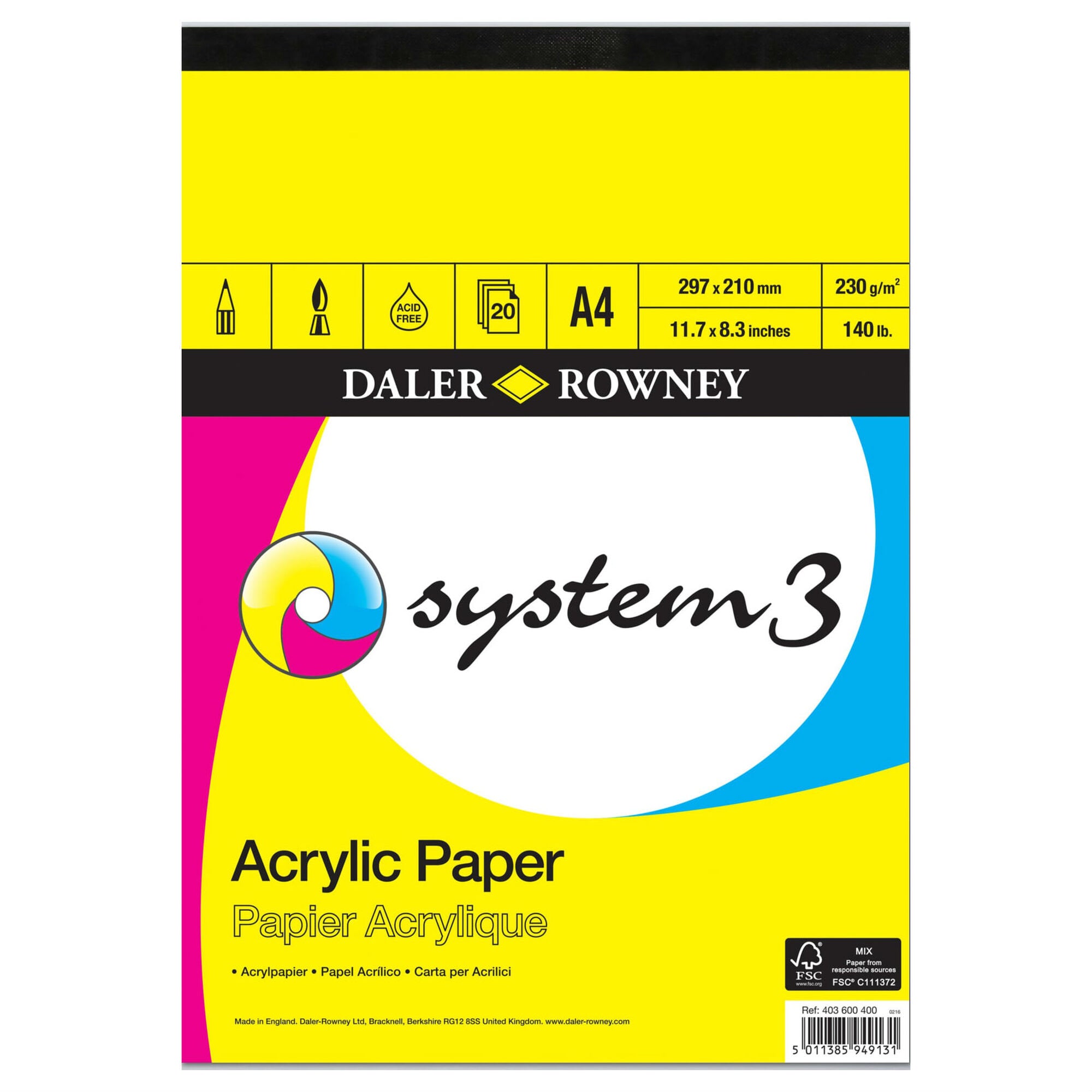 Akrylblock – System3 – Medium Gräng, 230 g, 20 ark – Daler-Rowney - A4