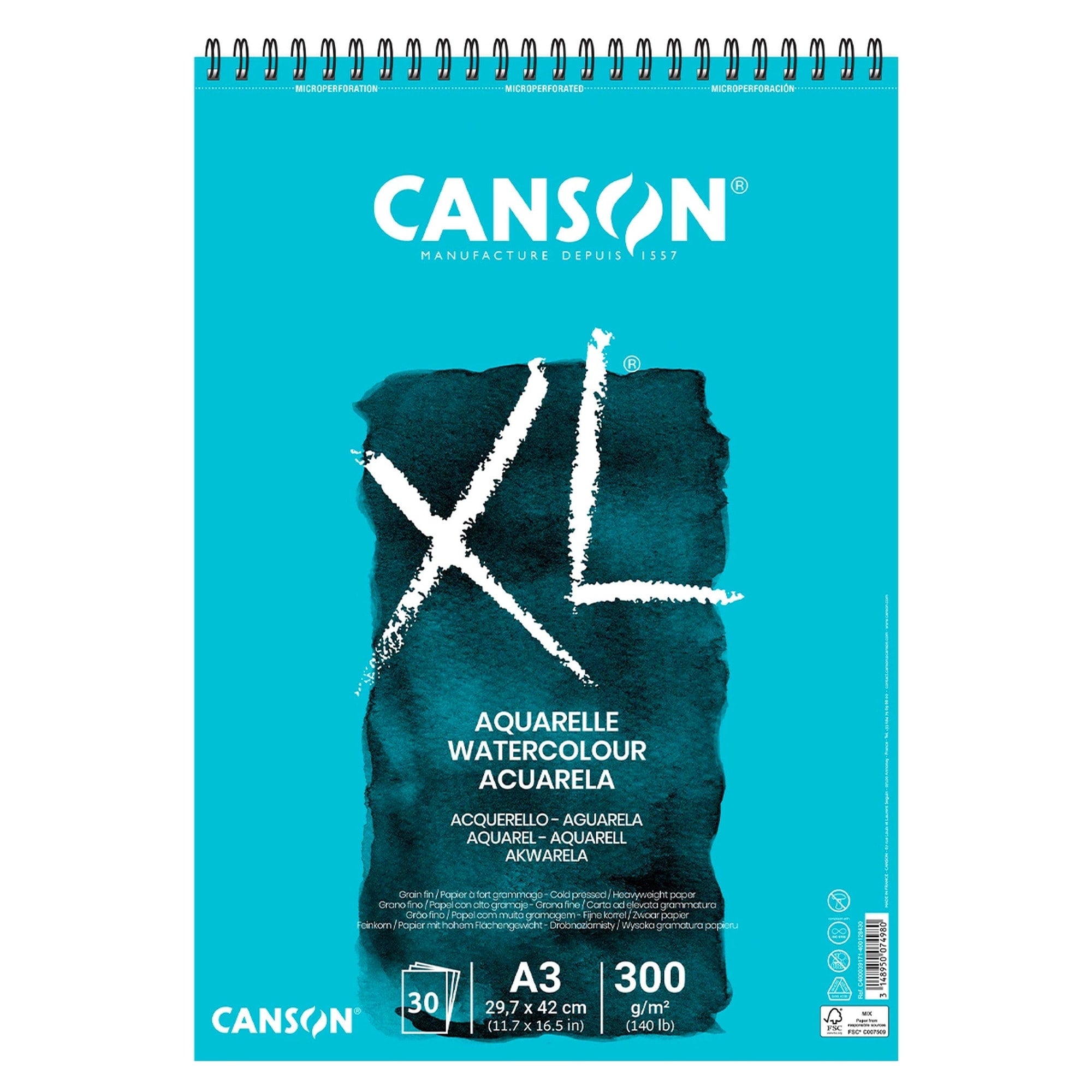 Akvarellblock – XL Aquarelle – Fin (CP/Not), 300 g, 30 ark – Canson - A3
