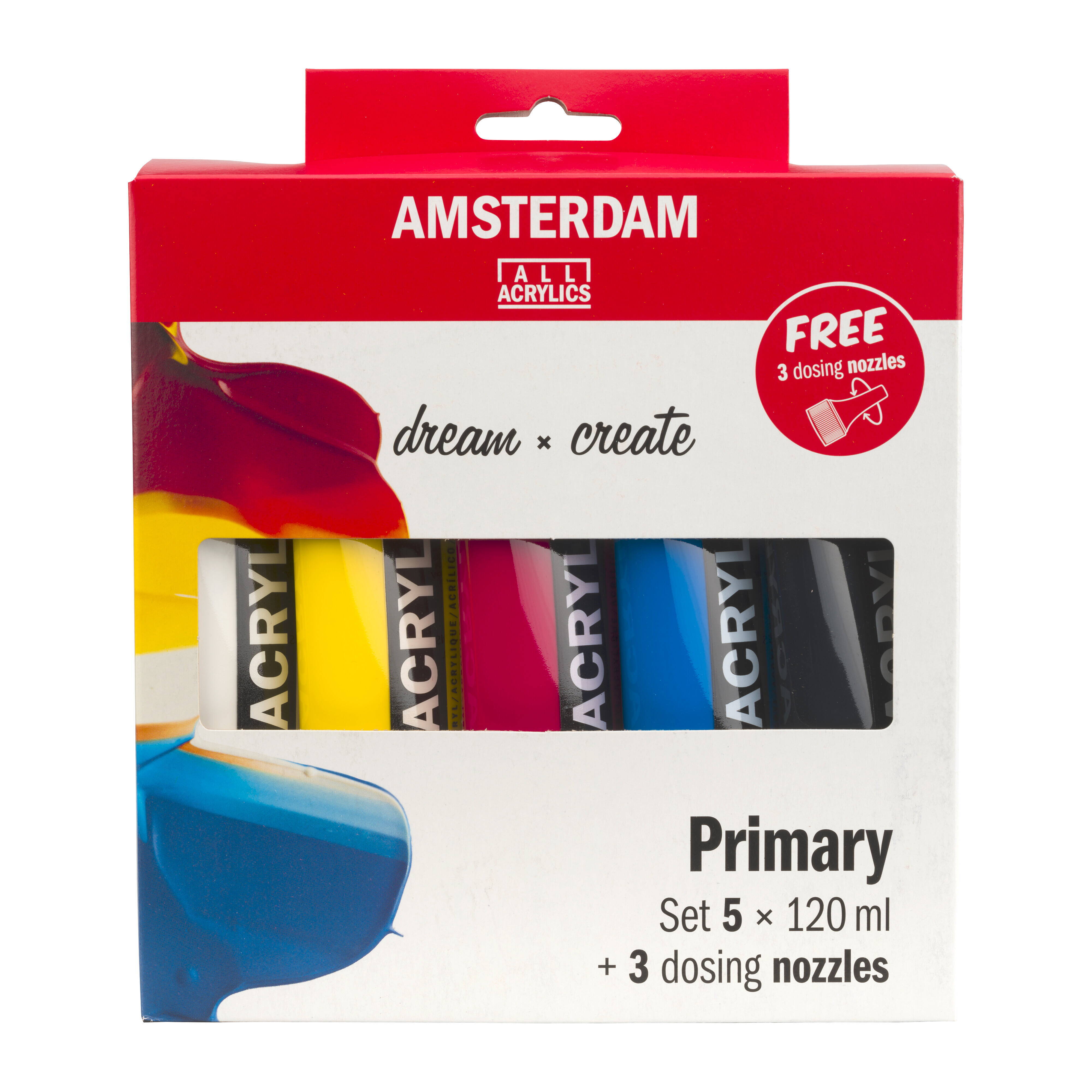 Amsterdam Akrylfärgset - Primary Set - 5 x 120 ml + 3 doseringsmunstycken