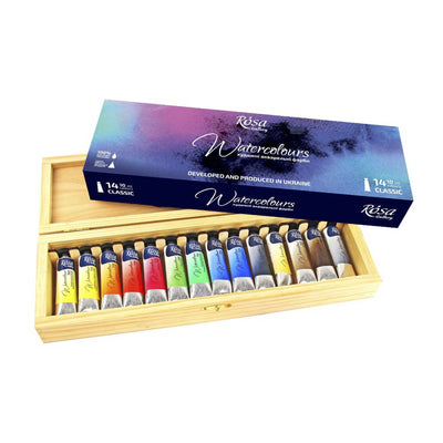 Rosa Gallery Akvarellfärgset - 10 ml - Trälåda 14 st fargprov